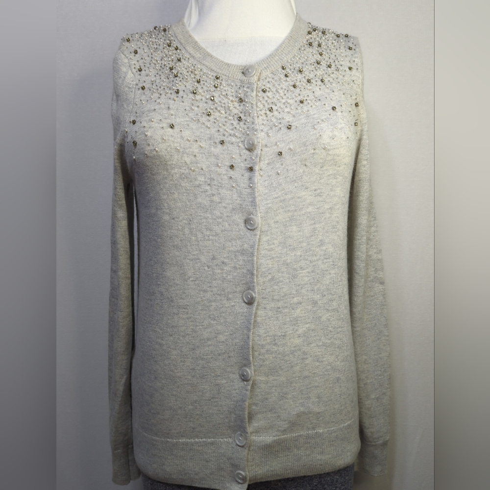 LOFT Gray Embellished Jewel Beaded Rabbit‎ Hair Blend Cardigan Sweater Small 645